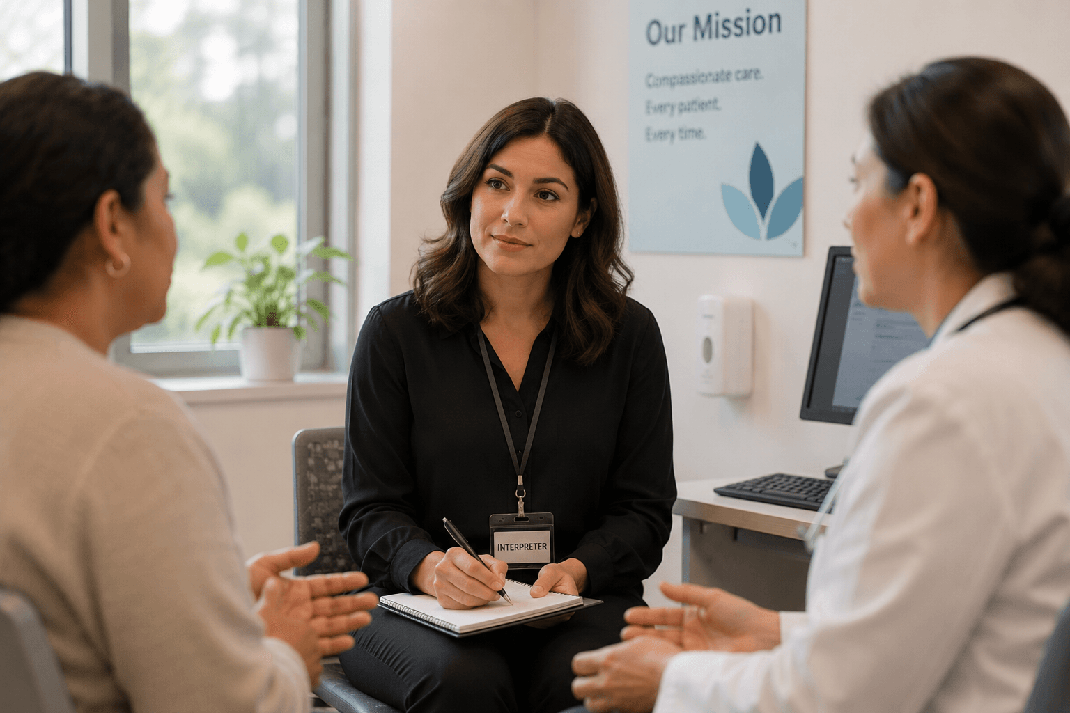 A trauma-informed in-person interpreter in a healthcare setting, interpreting for a patient and a doctor