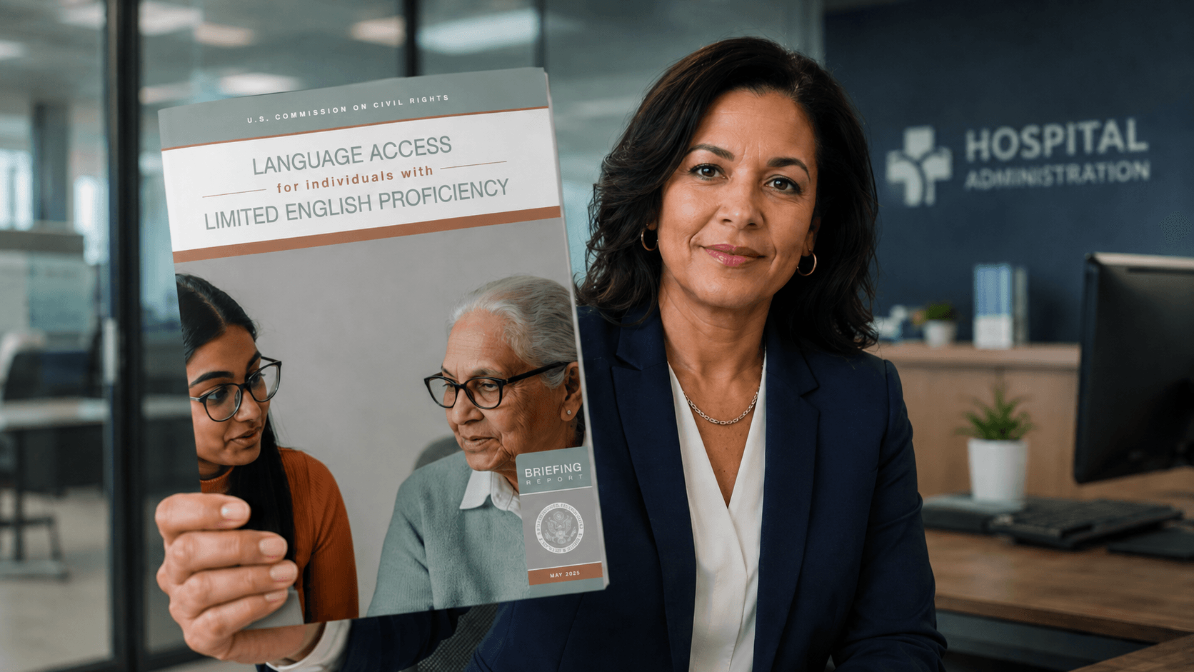 A woman holding up a printed copy of the USCCR report