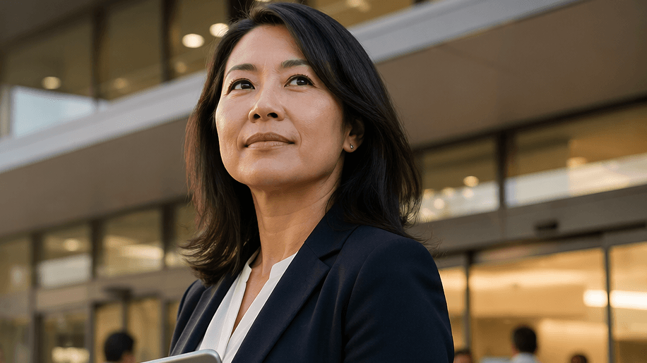 Healthcare administrator standing in front of a hospital building