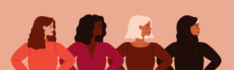 Vector style illustration of four women posing side by side in a row