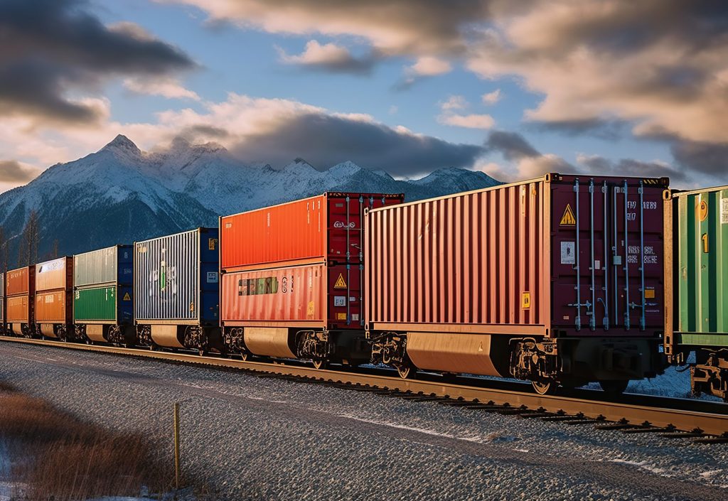 Freight train with cargo containers, generative ai.