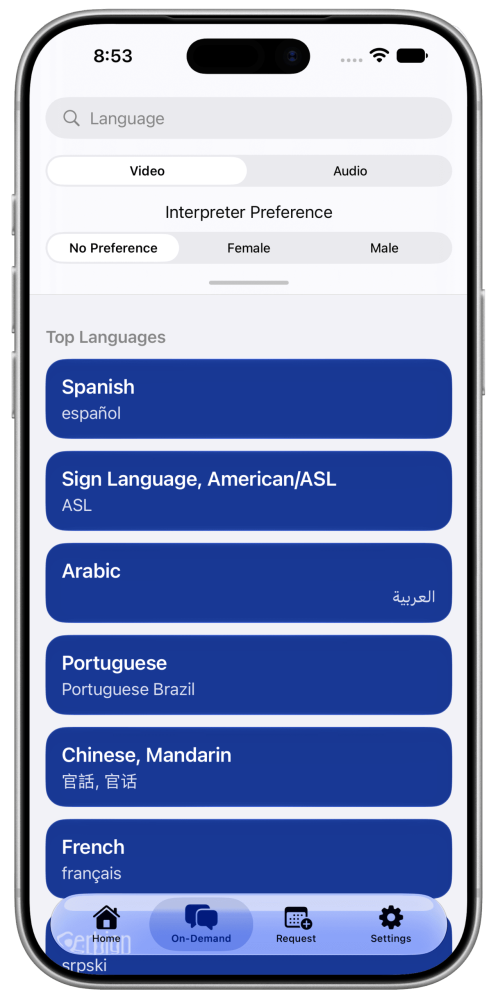 An iPhone showing the MyMasterWord app, showing a list of languages as blue buttons and options to switch between video and audio calling.