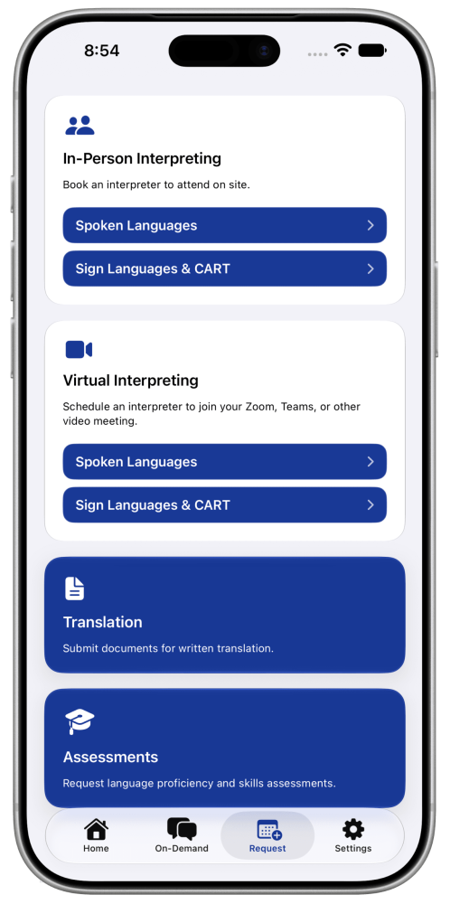 An iPhone with the MyMasterWord app, showing the Request tab and options to schedule in-person or virtual interpreting, get document translation, and schedule language assessments